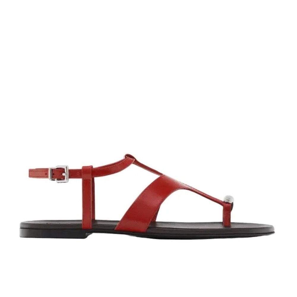 NWT. Massimo Dutti Red/Black Flat Sandals with Metallic Embellishment. Size 6.